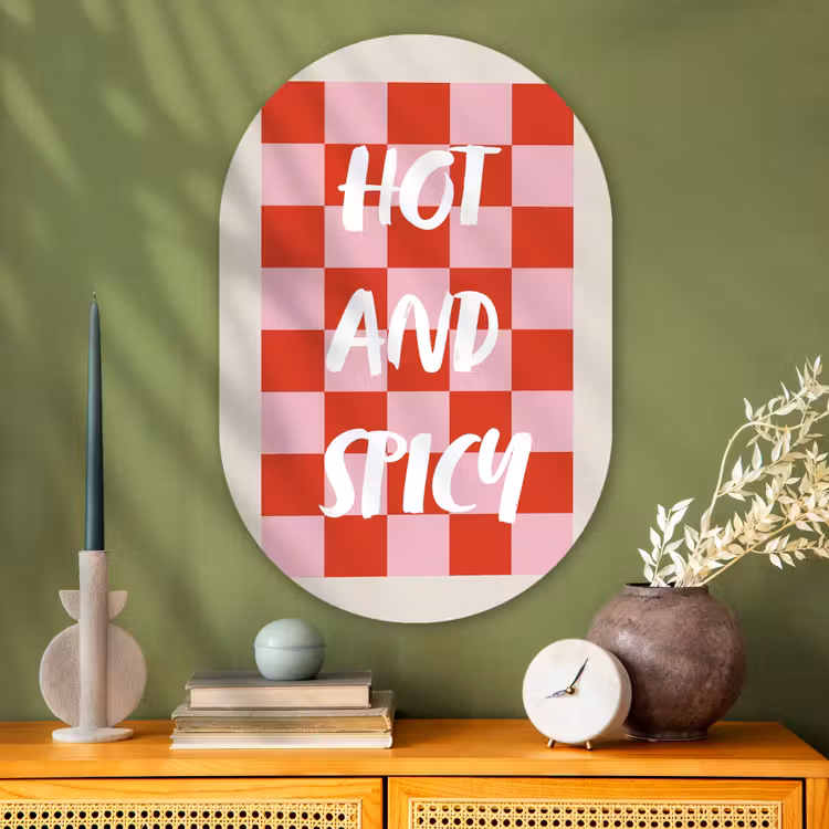 Hot - Spicy - Geruit - Rood Wandcirkel Ovaal Glas middel -sfeer2