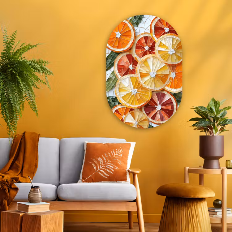 Schijfjes - Fruit - Oranje - Mozaïek Wandcirkel Ovaal Glas middel -sfeer4