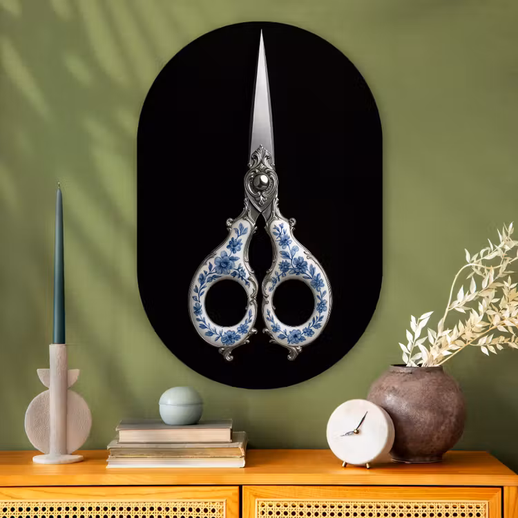 Schaar - Delfts blauw - Zwart Wandcirkel Ovaal Glas middel -sfeer2