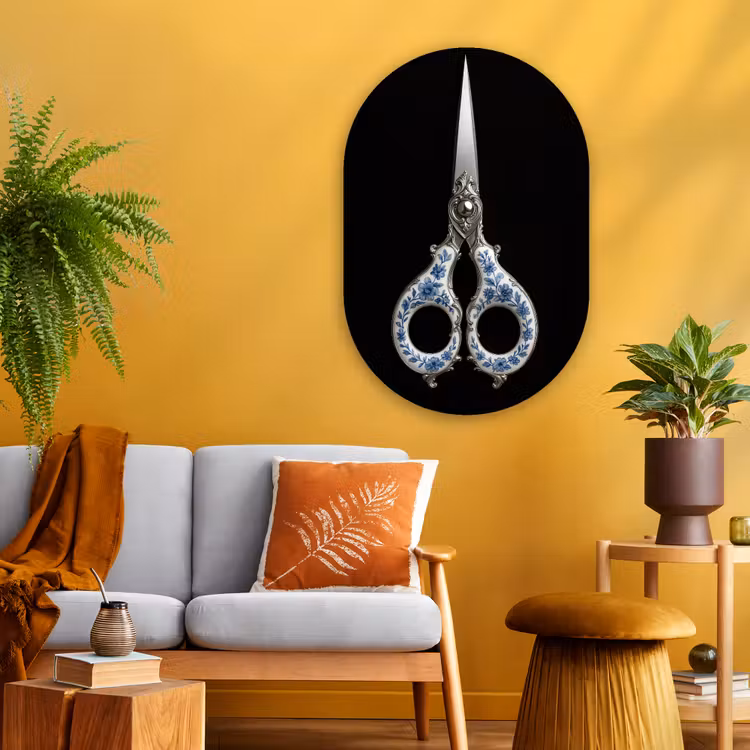 Schaar - Delfts blauw - Zwart Wandcirkel Ovaal Glas middel -sfeer4