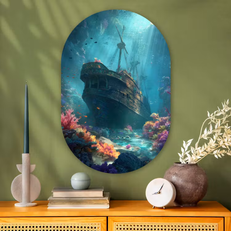Schip - Hout - Koraalriffen - Zonlicht Wandcirkel Ovaal Glas middel -sfeer2