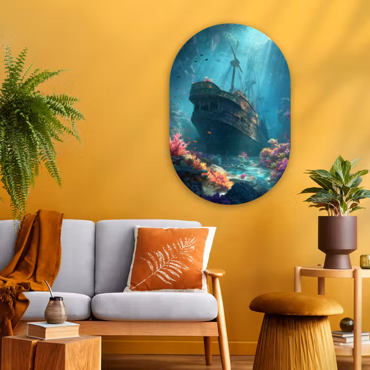 Schip - Hout - Koraalriffen - Zonlicht Wandcirkel Ovaal Glas middel -sfeer4