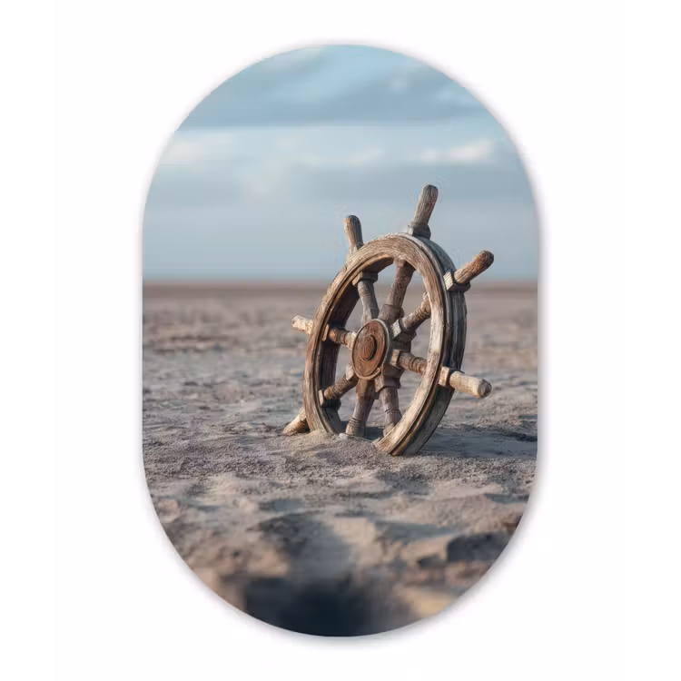 Scheepsstuur - Hout - Bruin - Zand Wandcirkel Ovaal Glas middel -3d
