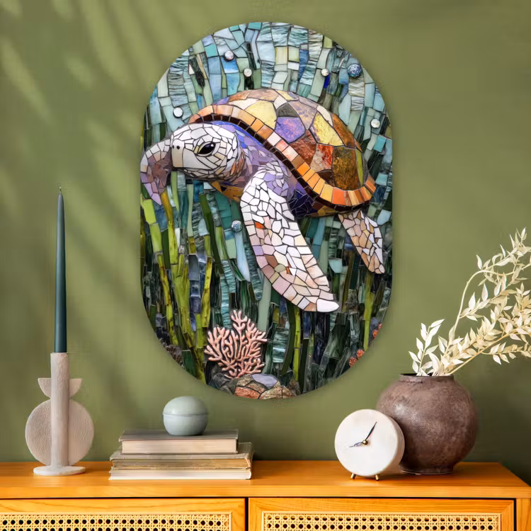 Schildpad - Zeewier - Mozaïek Wandcirkel Ovaal Glas middel -sfeer2