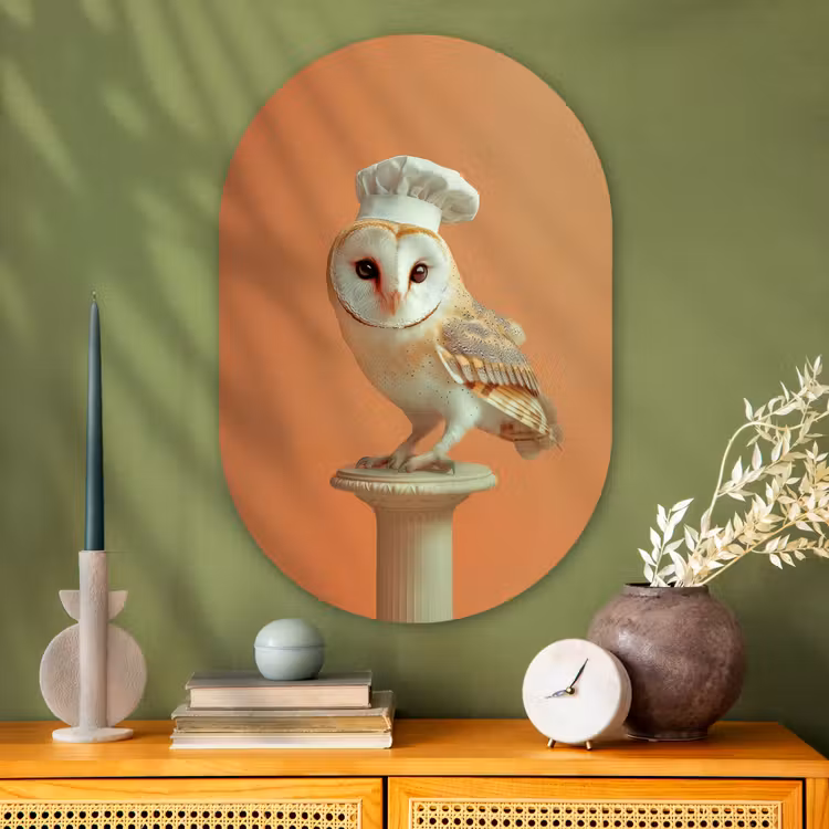 Kerkuil - Koksmuts - Oranje - Vogel Wandcirkel Ovaal Glas middel -sfeer2