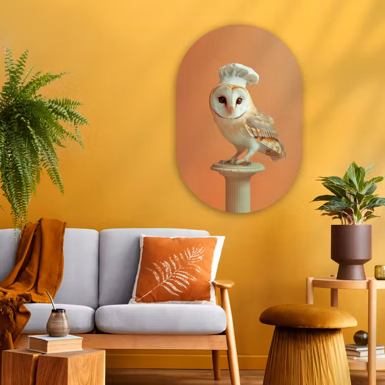 Kerkuil - Koksmuts - Oranje - Vogel Wandcirkel Ovaal Glas middel -sfeer4
