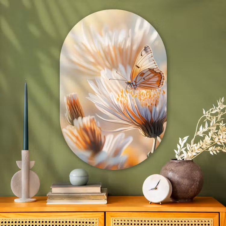 Vlinder - Bloem - Oranje Wandcirkel Ovaal Glas middel -sfeer2