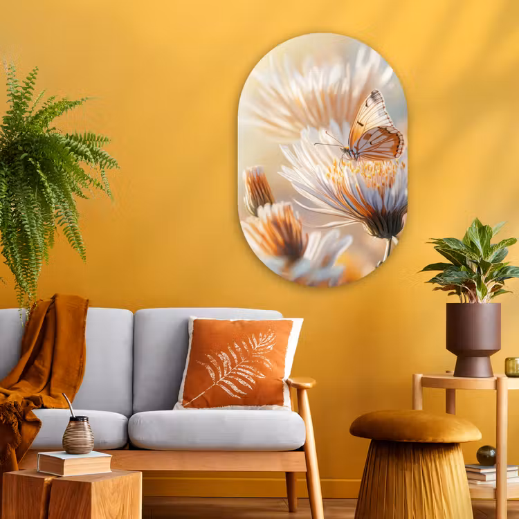 Vlinder - Bloem - Oranje Wandcirkel Ovaal Glas middel -sfeer4
