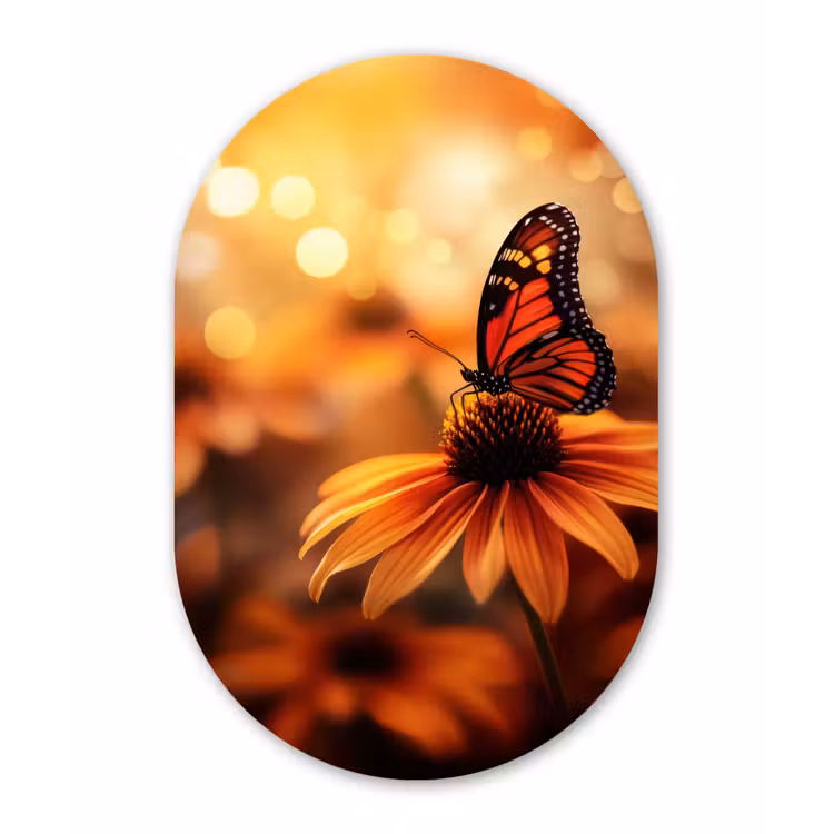 Vlinder - Bloemen - Oranje Wandcirkel Ovaal Glas middel -3d