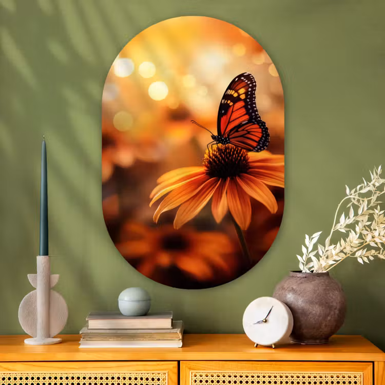 Vlinder - Bloemen - Oranje Wandcirkel Ovaal Glas middel -sfeer2