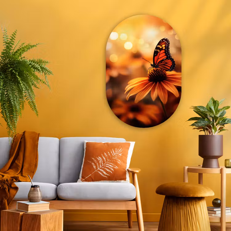 Vlinder - Bloemen - Oranje Wandcirkel Ovaal Glas middel -sfeer4