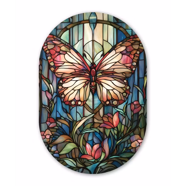 Vlinder - Roze - Bloemen - Bladeren Wandcirkel Ovaal Glas middel -3d