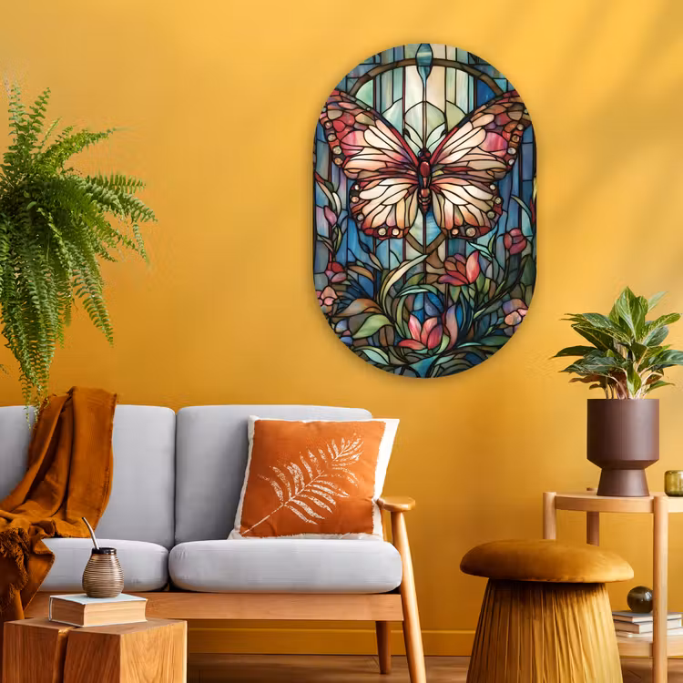 Vlinder - Roze - Bloemen - Bladeren Wandcirkel Ovaal Glas middel -sfeer4