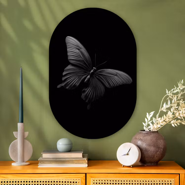 Vlinder - Zwart - Insect - Dieren Wandcirkel Ovaal Glas middel -sfeer2