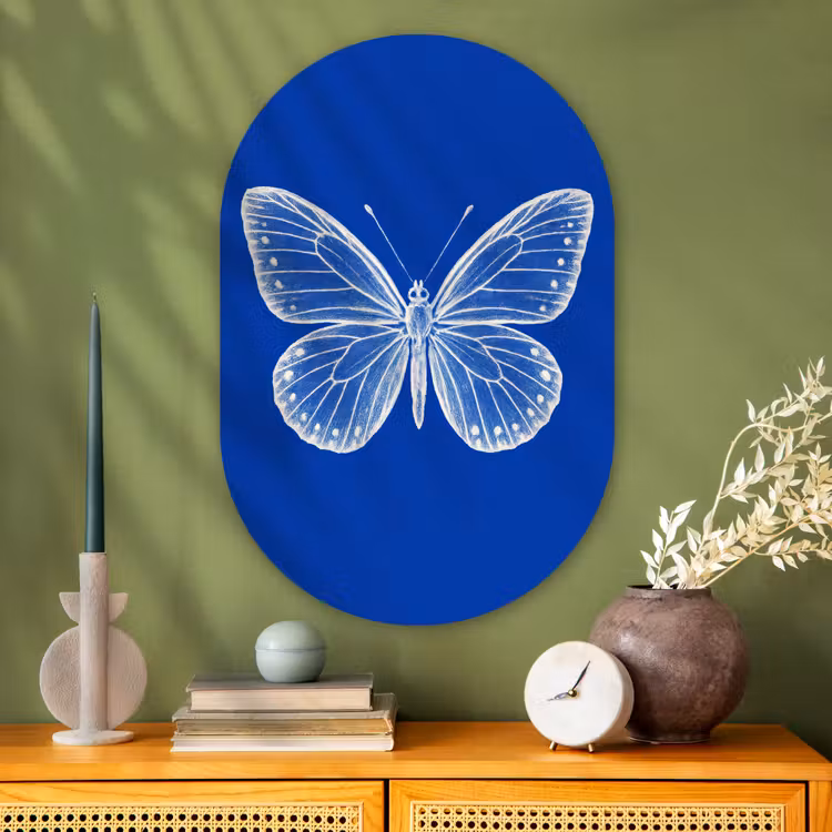 Vlinder - Wit - Getekend - Stippen Wandcirkel Ovaal Glas middel -sfeer2