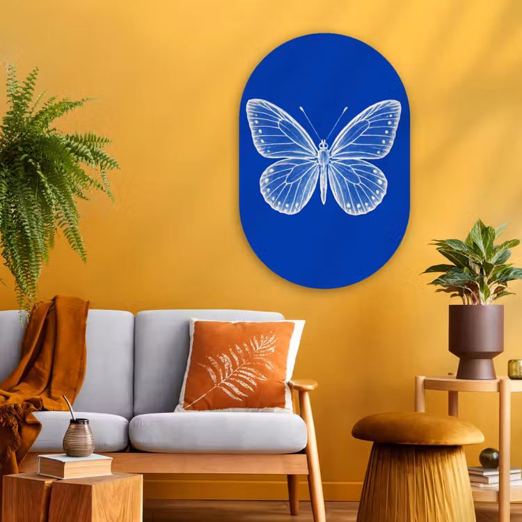 Vlinder - Wit - Getekend - Stippen Wandcirkel Ovaal Glas middel -sfeer4