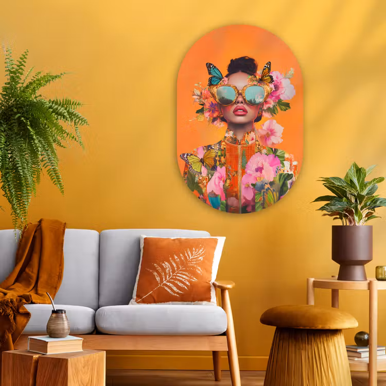 Vlinders - Vrouw - Zonnebril - Kleurrijk Wandcirkel Ovaal Glas middel -sfeer4