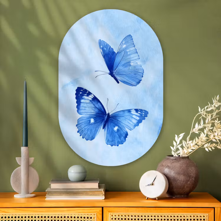 Vlinders - Sierlijk - Blauw Wandcirkel Ovaal Glas middel -sfeer2