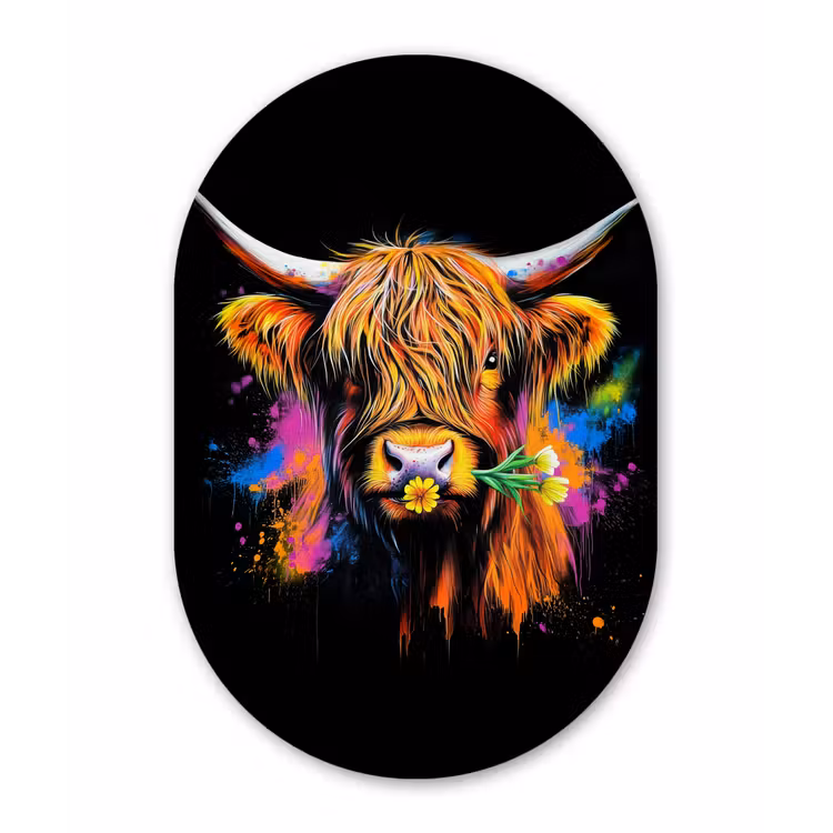 Schotse Hooglander - Graffiti - Kleurrijk - Bloem - Dieren Wandcirkel Ovaal Glas middel -3d