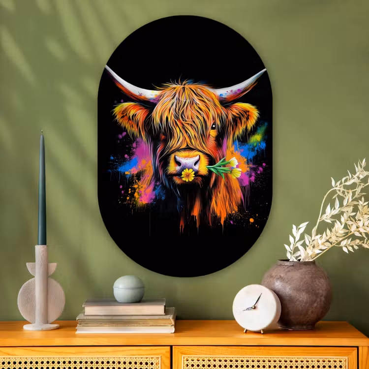 Schotse Hooglander - Graffiti - Kleurrijk - Bloem - Dieren Wandcirkel Ovaal Glas middel -sfeer2