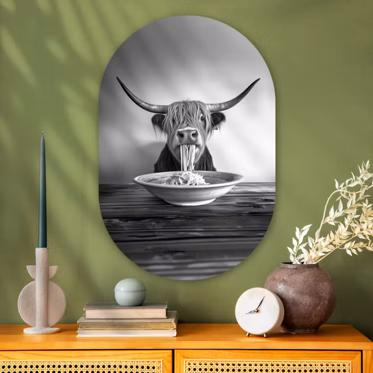Schotse Hooglander - Spaghetti - Dieren - Zwart wit Wandcirkel Ovaal Glas middel -sfeer2