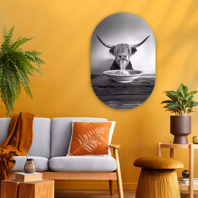 Schotse Hooglander - Spaghetti - Dieren - Zwart wit Wandcirkel Ovaal Glas middel -sfeer4