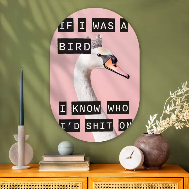 Zwaan - Vogel - Decoratie - Roze Wandcirkel Ovaal Glas middel -sfeer2