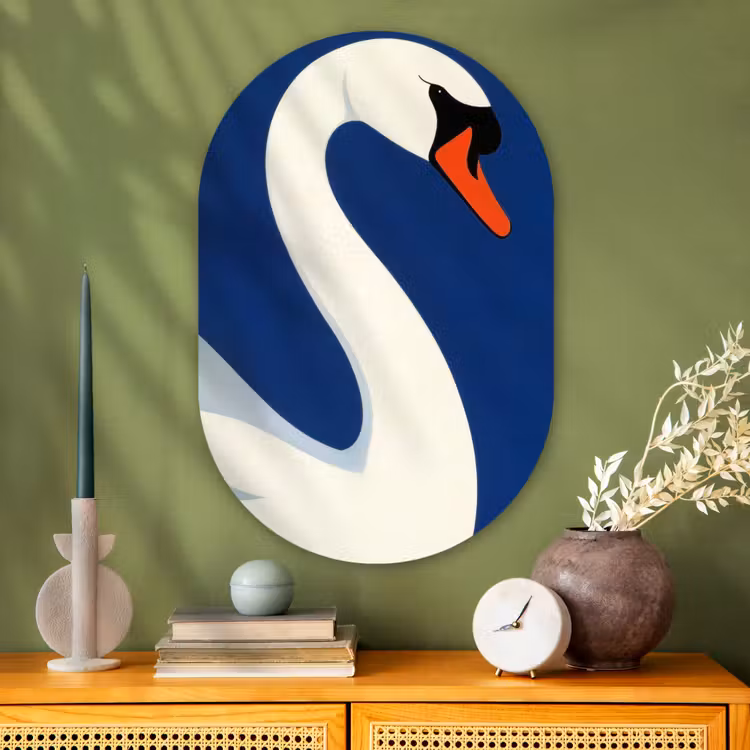 Zwaan - Wit - Snavel - Illustratie Wandcirkel Ovaal Glas middel -sfeer2