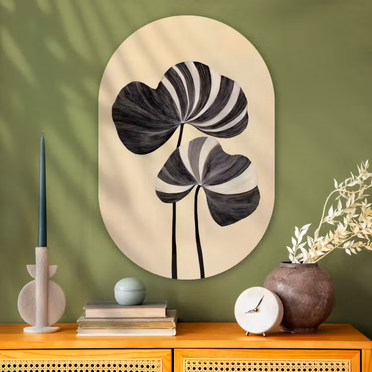 Zwart - Bladeren - Strepen - Minimalistisch Wandcirkel Ovaal Glas middel -sfeer2