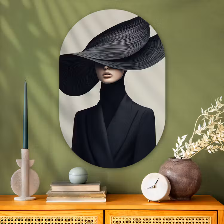 Zwart - Vrouw - Hoed Wandcirkel Ovaal Glas middel -sfeer2