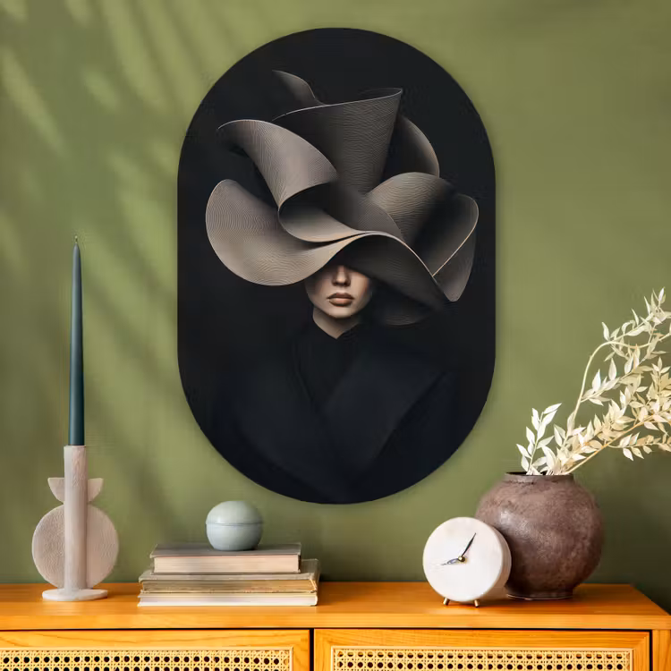 Zwarte - Hoed - Vrouw Wandcirkel Ovaal Glas middel -sfeer2
