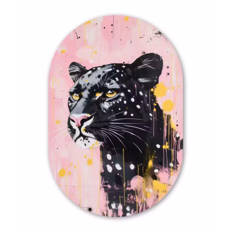 Zwart - Panter - Roze - Abstract Wandcirkel Ovaal Glas middel -3d