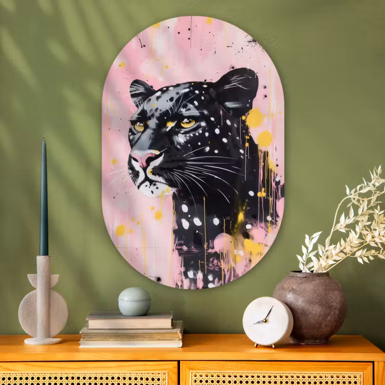 Zwart - Panter - Roze - Abstract Wandcirkel Ovaal Glas middel -sfeer2