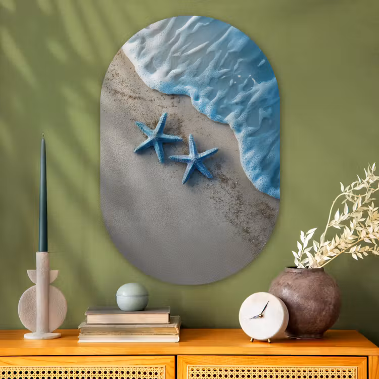 Zeesterren - Zand - Zee - Blauw Wandcirkel Ovaal Glas middel -sfeer2