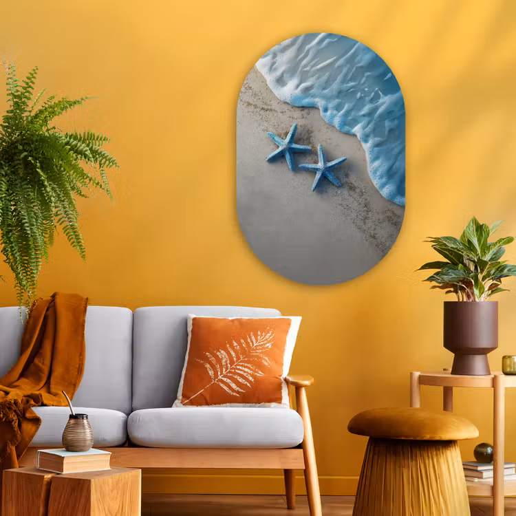 Zeesterren - Zand - Zee - Blauw Wandcirkel Ovaal Glas middel -sfeer4