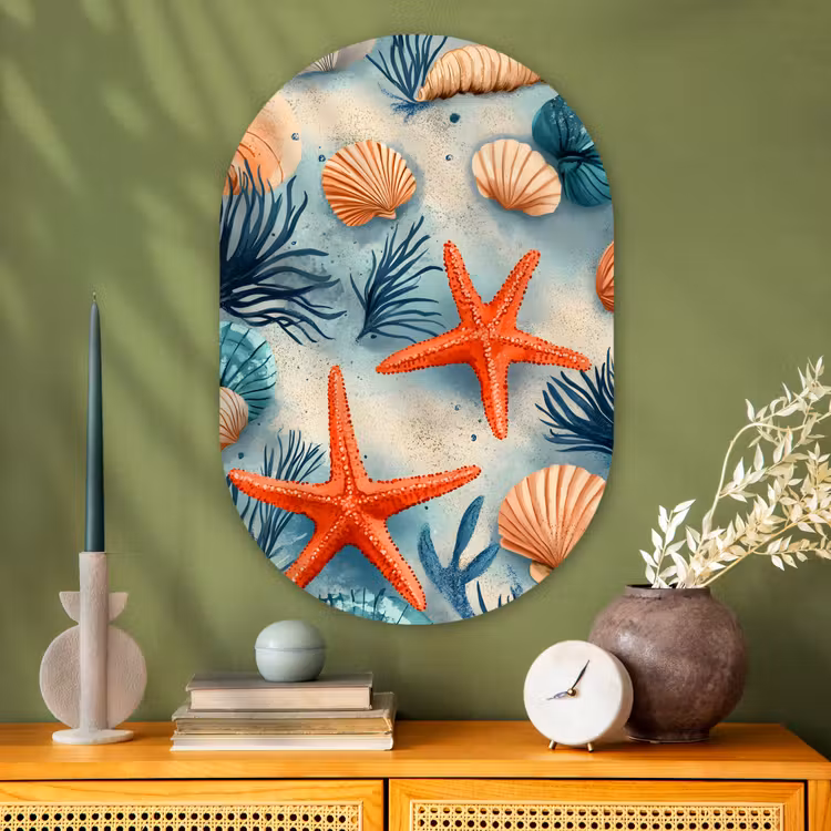 Zeesterren - Schelpen - Illustratie - Zand Wandcirkel Ovaal Glas middel -sfeer2
