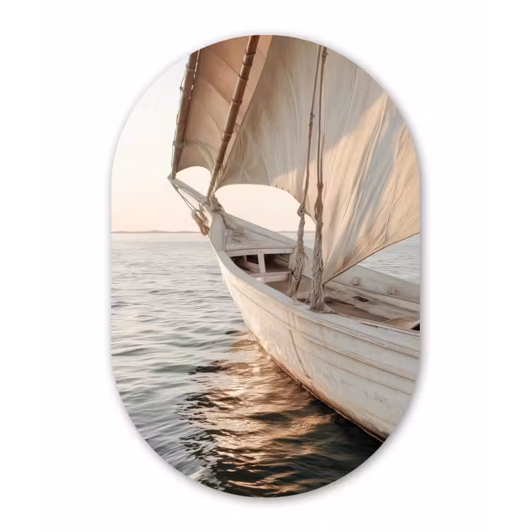 Zeilboot - Zee - Beige - Zon Wandcirkel Ovaal Glas middel -3d