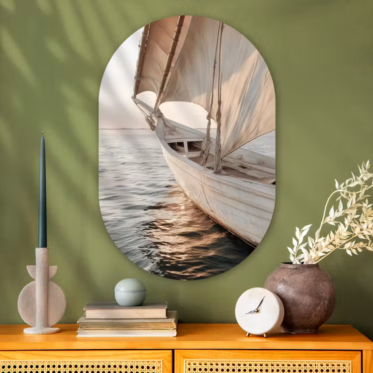 Zeilboot - Zee - Beige - Zon Wandcirkel Ovaal Glas middel -sfeer2