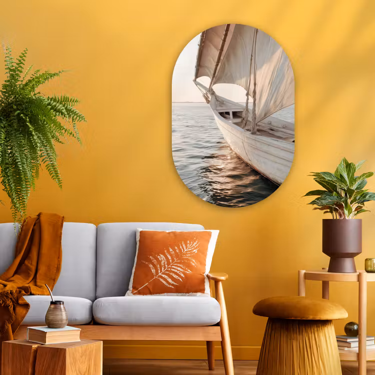 Zeilboot - Zee - Beige - Zon Wandcirkel Ovaal Glas middel -sfeer4