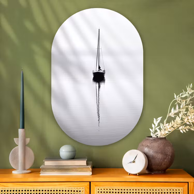 Zeilboot - Zwart - Water - Silhouet Wandcirkel Ovaal Glas middel -sfeer2