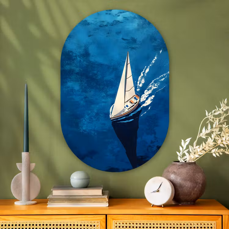 Zeilboot - Water - Abstract - Schaduw Wandcirkel Ovaal Glas middel -sfeer2