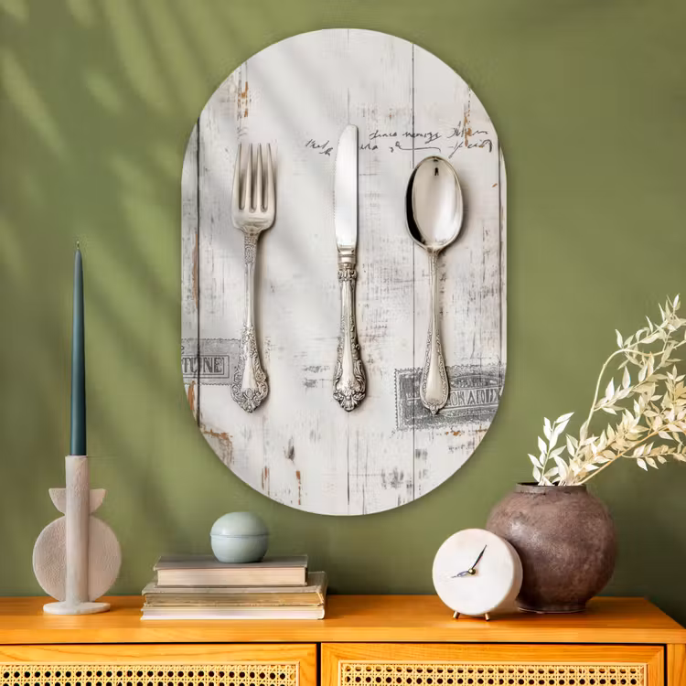 Zilver - Bestek - Hout Wandcirkel Ovaal Glas middel -sfeer2