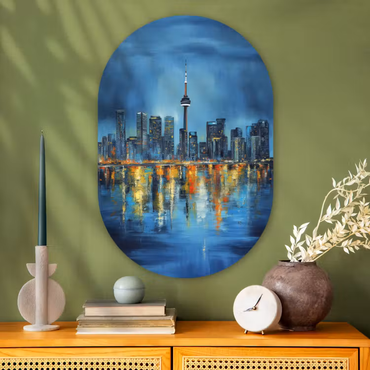 Skyline Toronto - Water - Stadslichten - Toren Wandcirkel Ovaal Glas middel -sfeer2