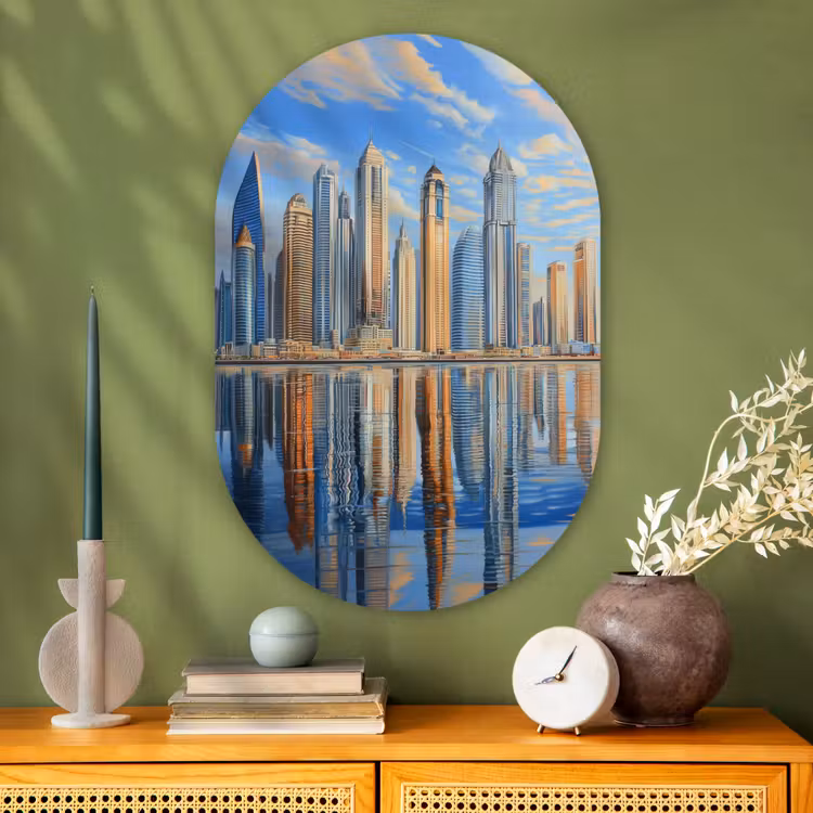 Skyline - Wolkenkrabbers - Water - Blauw Wandcirkel Ovaal Glas middel -sfeer2