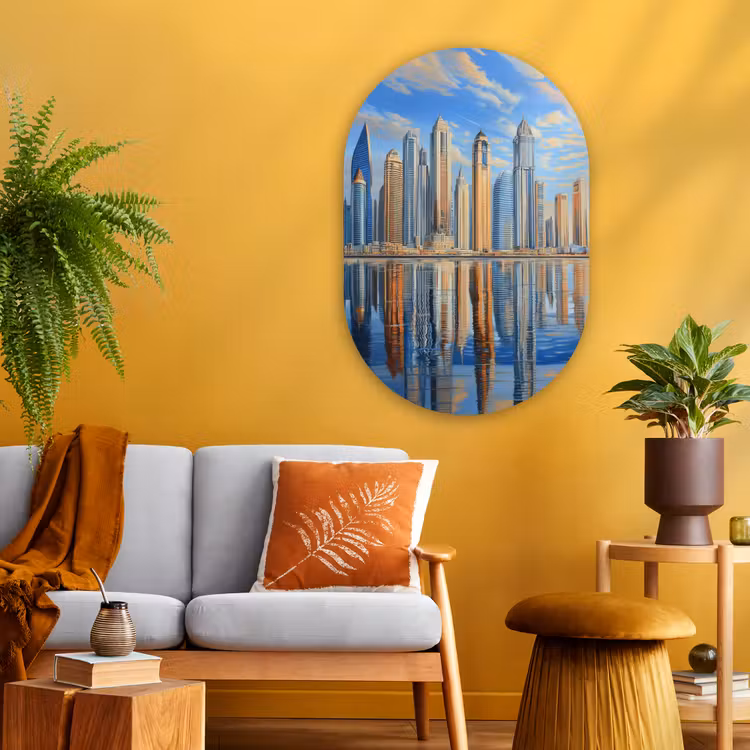 Skyline - Wolkenkrabbers - Water - Blauw Wandcirkel Ovaal Glas middel -sfeer4