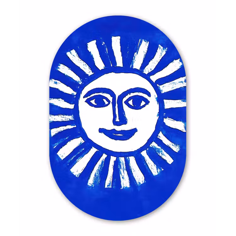 Zon - Gezicht - Penseelstructuur - Blauw Wandcirkel Ovaal Glas middel -3d