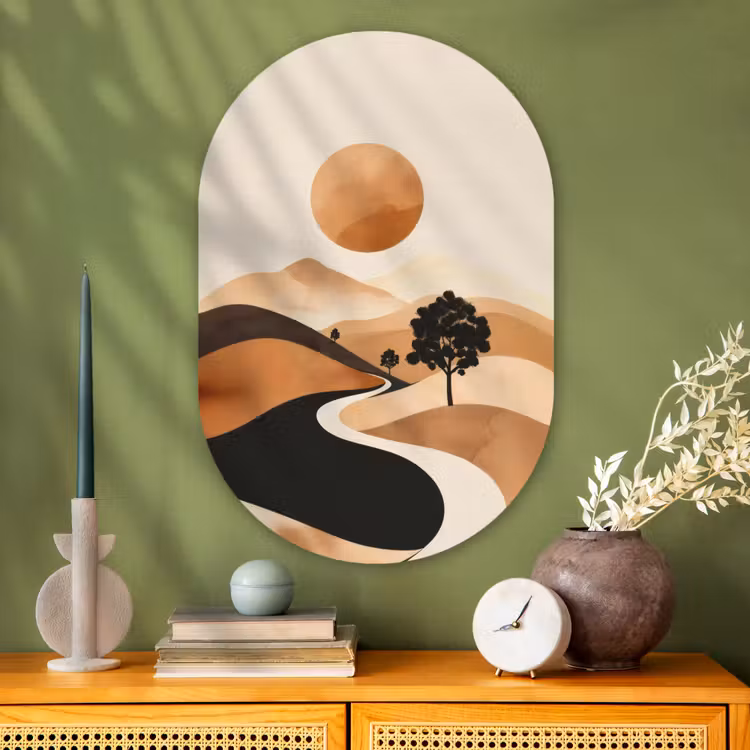 Zon - Heuvels - Boom - Abstract Wandcirkel Ovaal Glas middel -sfeer2