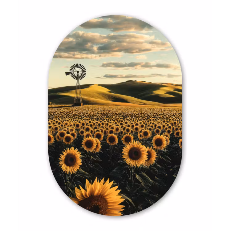 Zonnebloem - Veld - Windmolen Wandcirkel Ovaal Glas middel -3d