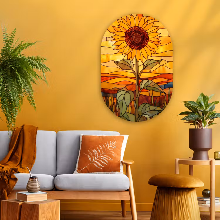 Zonnebloem - Mozaïek - Zonsondergang - Geel Wandcirkel Ovaal Glas middel -sfeer4