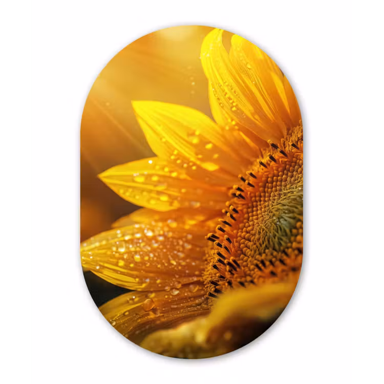 Zonnebloem - Dauwdruppels - Geel - Zonlicht Wandcirkel Ovaal Glas middel -3d